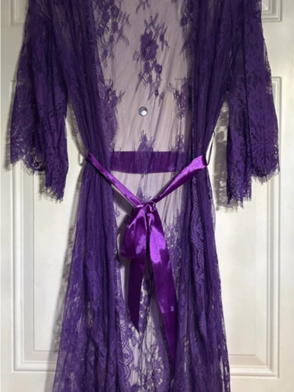 Purple Lace Sheer Robe with Satin Tie